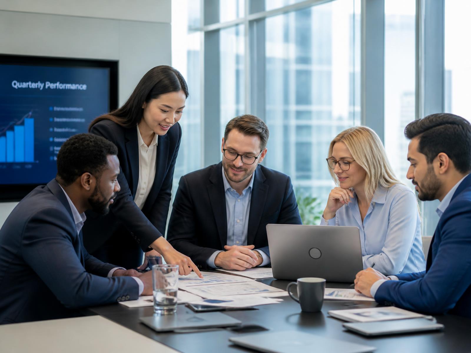 Business professionals collaborating around a table in a modern office